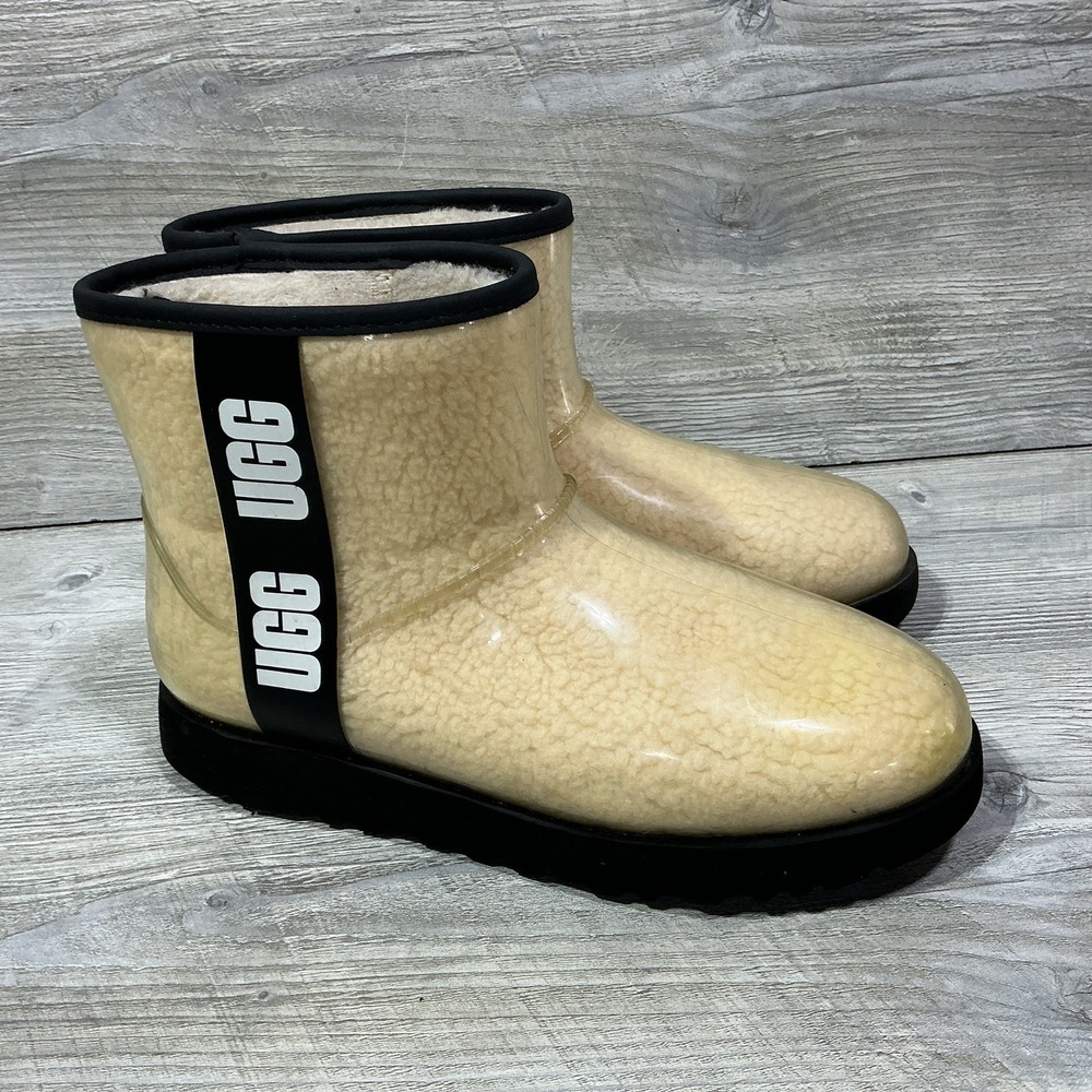 Ugg Classic Clear Mini Ankle Rain Boot Cream Sheepskin Waterproof Womens Size 10